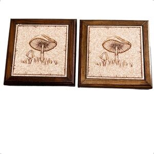 Vintage Mushroom Ceramic Tile Trivet Wood Footed Frame H&R Johnson, England (2)